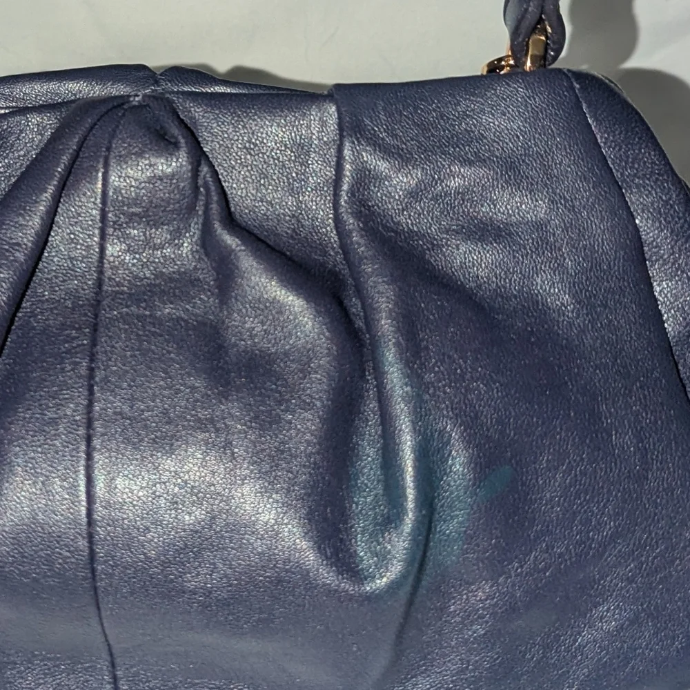 Alfani Navy Leather Ruched Y2K Shoulder Bag with Tassel And Gold Chain Accent